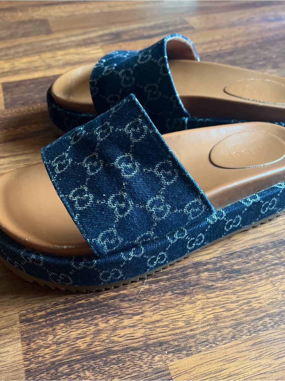 Gucci Navy Monogram Denim Slide Platform Sandals